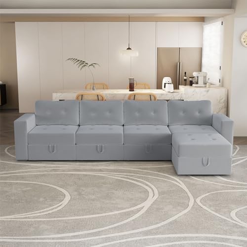 Image of QHITTY L Shaped Sectional Modular Sofa, 5 Seater Accent Couch with Hidden Extra Large Storage Space for Living Room, Grey