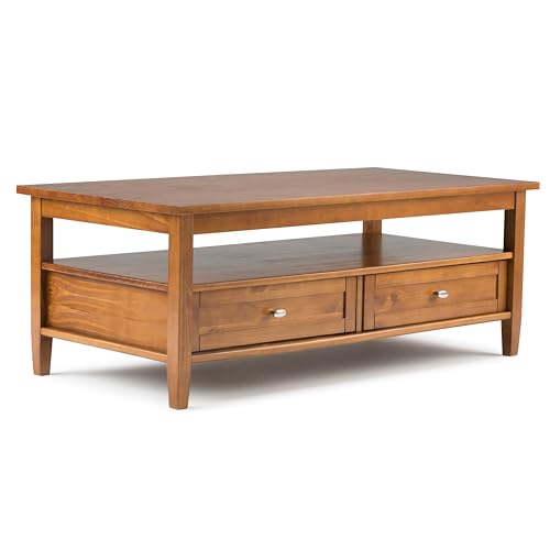 SIMPLIHOME Warm Shaker Coffee Table - 48 inch Wide Solid Wood Coffee Table in Light Golden Brown, Transitional Living Room Table with 2 Drawers, Open Shelf, Shaker Fronts and Tapered Legs