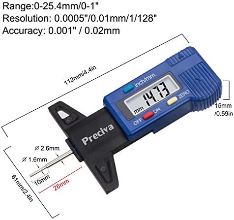 Preciva Tire Tread Depth Gauge, LCD Digital Tire Tread Depth Gauge Tool 0-25 mm