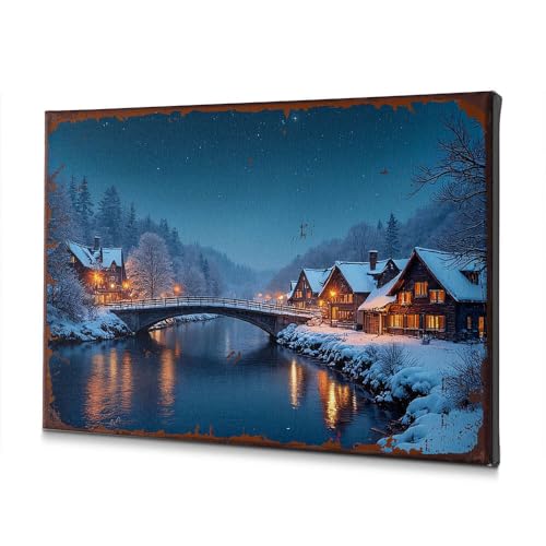 Toile village enneigé avec pont pour créer un salon chaleureux en hiver