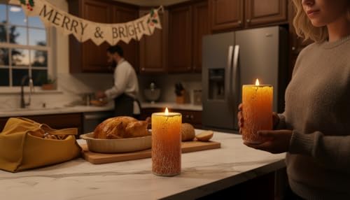 Image of Glass Flameless Pillar Candles Flickering with Remote Timer, Battery Operated LED 3D Moving Flame Real Wax Candles,Remote Included (Honey Yellow Cracked Glass)