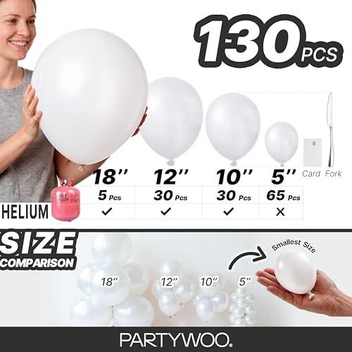 Image of PartyWoo Pearl White Balloons 130pcs Different Sizes Pack of 18 12 10 5 Inch Metallic White Latex Balloon Arch Kit Garland for Wedding Graduation Baby Shower Birthday Party Decorations White-Z30