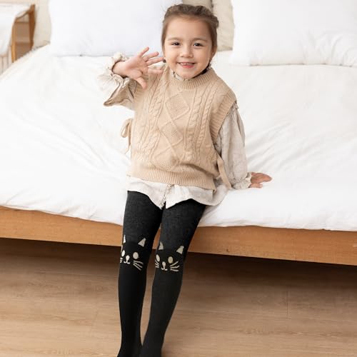 Silkglory Collants Filles,2 Pièces Collants Bébé avec Décoration Mignonne de Chaton Bicolore,Leggings Bas sans Couture Collants en Coton Nouveau-né Marron/Noir/Almond 7-9 Ans – vue 6