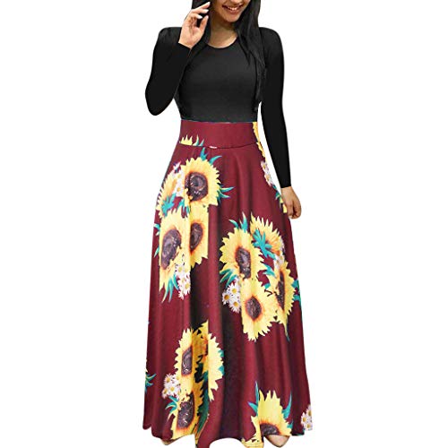 SMILEQ Vestido de Mujer Falda con Estampado de Girasol de Manga Larga Casual Patchwork Swing Maxi Vestido Largo Largo (L, Rojo)