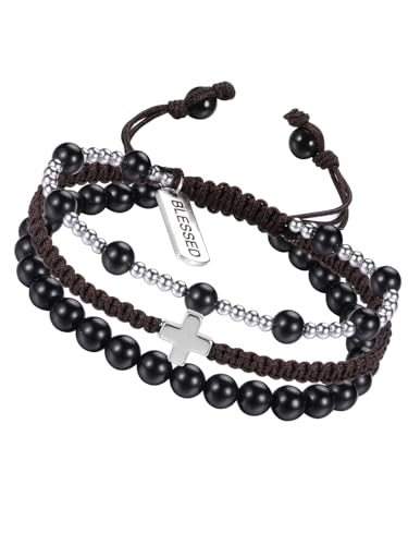 Bracelet pour homme en améthyste œil de tigre et obsidienne avec croix