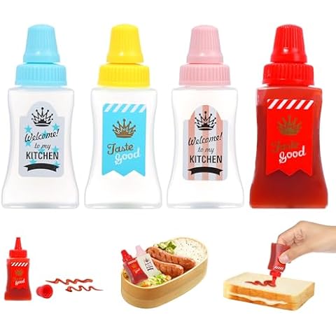 WXOIEOD 4 Pieces Mini Ketchup Bottle for Lunch Box, Small Condiment Squeeze Bottles Plastic Sauce Containers for Bento Lunch Accessories, Empty Bento Box Accessories for Lunches, 25ml Cover