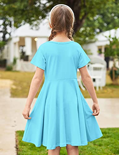 Arshiner Little Girls Short Sleeve A Line Casual Skater Dress, Blue, 140(Age For 10-11Y) #TOP4