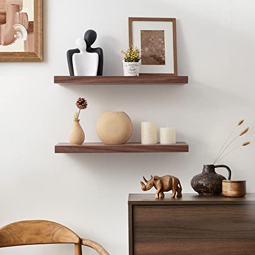 Walnut Floating Shelves, 8'' Deep Shelves Wall Mounted, 24 Inch Long Rustic Wood Floating Shelves For Wall Storage & Decor, Wide Wooden Shelves For Bedroom, Living Room, Kitchen, Set Of 2 #TOP5