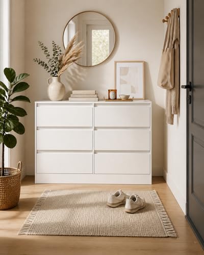 Amveya Commode 6 Tiroirs Blanche 100 cm Commode Chambre Adulte Meuble de Rangement Chambre Meuble Salon Rangement Chiffonnier Commode Vetement Commode Bureau...