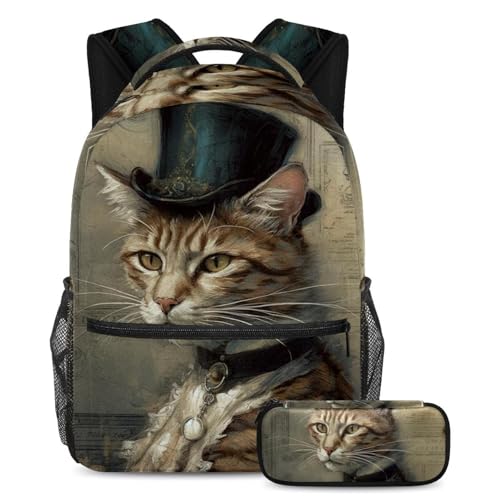 Sac à dos chat vintage avec sa trousse assortie pour l'école des ados