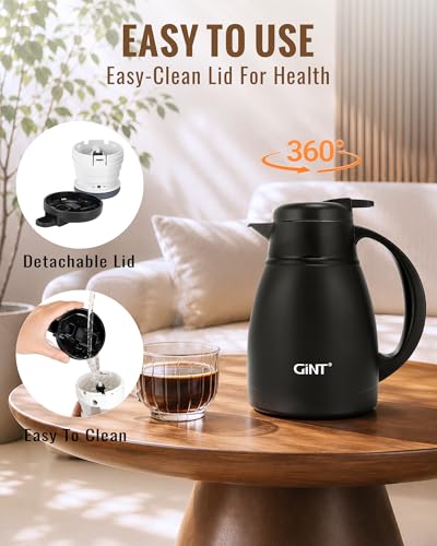 Image of GiNT Insulated Coffee Carafe 34 Oz, Small Stainless Steel Flask for Hot Coffee with Fully Washable Detachable Lid, Portable Thermal Pitcher One-Hand Push Button Tea Dispenser for Travel Camping Office