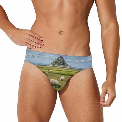 Sheep Eating Grass with Castle Mens Swim Briefs Quick Dry Swimming Trunks Training Swimsuit Low Rise Swimwear