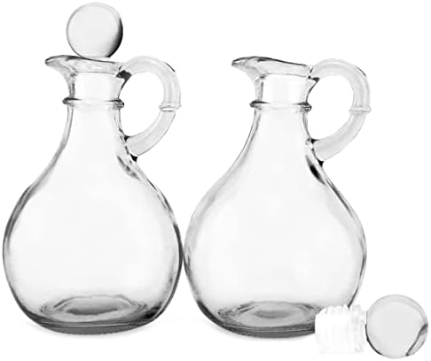 Cornucopia Glass Oil and Vinegar Cruets (Set of 2); Round Glass Oil Dispenser Bottles with Stoppers