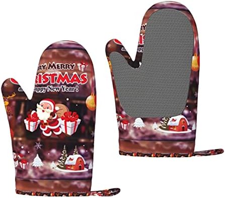 Santa Snowman Reindeer Printed Silicone Oven Mitts Heat Resistant Non-Slip Oven Gloves Set of 2 for Kitchen Baking, Grilling