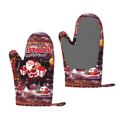 Santa Snowman Reindeer Printed Silicone Oven Mitts Heat Resistant Non-Slip Oven Gloves Set Of 2 For Kitchen Baking, Grilling #TOP4