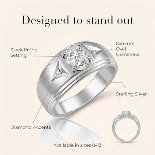 Image of Rylos Men's Rings Classic Design 8X6MM Oval Gemstone & Sparkling Diamond Ring - Color Stone Birthstone Rings for Men, Sterling Silver Rings in Sizes 8-13. Elevate Your Style with Timeless Elegance!