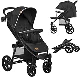 LIONELO Annet passeggino leggero pieghevole grigio regorabile con posizione sdraiata con ruote EVA cappottina XXL con zanzariera coprigambe portabibite fino 22 kg (Nero, PLUS)