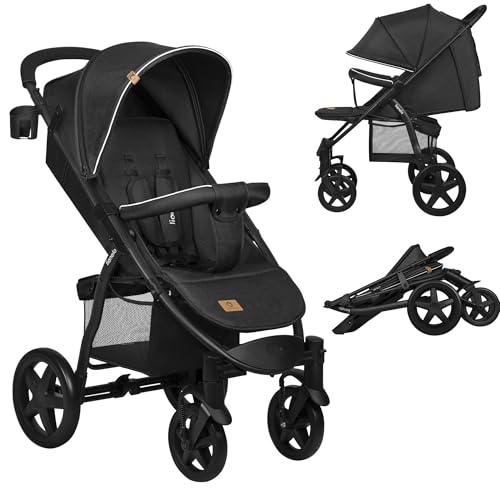 LIONELO Annet passeggino leggero pieghevole grigio regorabile con posizione sdraiata con ruote EVA cappottina XXL con zanzariera coprigambe portabibite fino 22 kg (Nero, PLUS)