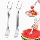 Watermelon Fork Slicer Cutter, 2-in-1 Stainless Steel Melon Cutter for Kitchen, BBQ, Camping, Easy Use Fruit Tool with Grip Handle (Silver 2PCS)