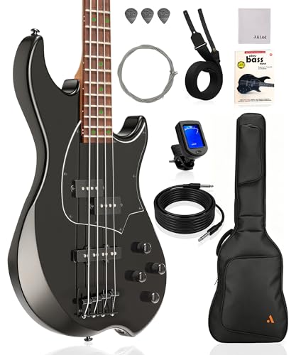 AKLOT Beginner Electric Bass Guitar: Precision & Jazz Dual Pickup Roasted Maple Neck 4-String Full Size Bass Guitar Kit with Lesson Book Gig Bag 2-Year Warranty(Helix PJ4-BK)