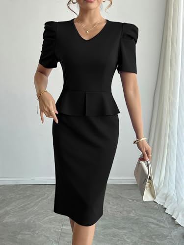 Image of Womens Summer Puff Sleeve V Neck Peplum Church Business Work Pencil Dresses