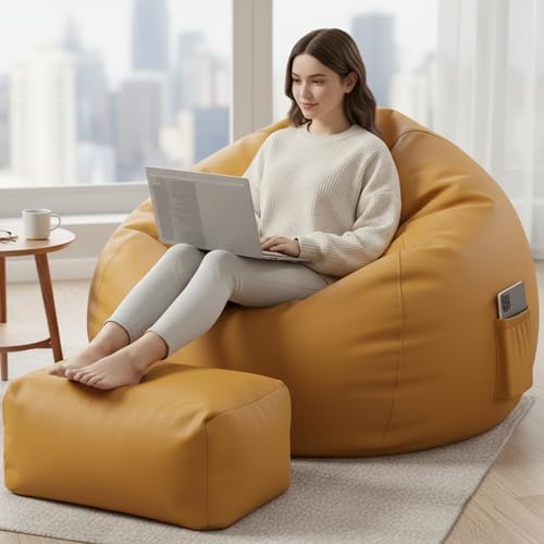 Image of Luxury 5XL Jumbo Bean Bag with Footrest & Cushion | Premium Leatherette | High-Density Beans Filled | Heavy Duty Double Stitch | 6 Months Warranty Color- (Navy Blue) (Yellow)