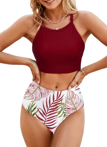 Image of Herseas Women's Bikini Sets High Neck Tropical Leaf Print High Waisted Two Pieces Swimsuits Bathing Suits