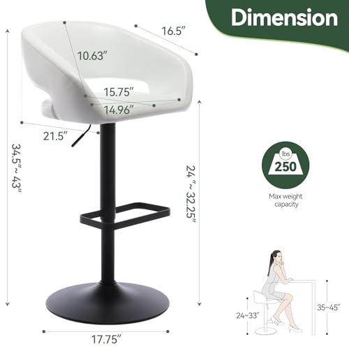 Image of PU Leather Adjustable Swivel Counter Height Bar Stool, White, Black Base