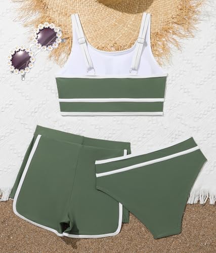 Image of Girls Swimsuits 3 Piece Bathing Suit Bikini Set with Sporty Shorts and Sunglasses Beach Swimwear for Girl 8-15 Years