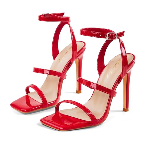 Image of Elisabet Tang Women's Crystal Stilettos Heeled Sandals, 4 Inch Square Open Toe Strappy Sexy High Heels Ankle Strap Buckle Heels for Party Wedding Dress Daily Wear Shoes