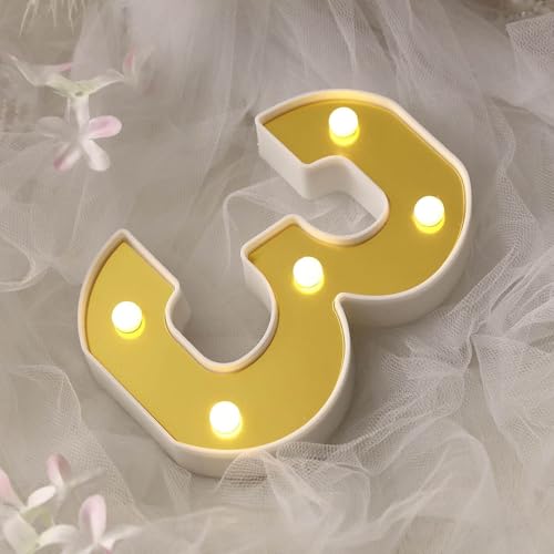 Image of Efavormart 6 inch Gold Marquee Number 3, Mirror Front Warm White LED Light Up 3D Sign, Battery Operated 72H Glow for Wedding Party & Wall Decor