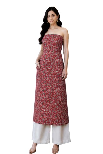 Image of Ethnics of Kutch Women's Ajrakh Modal Silk Natural Dye Hand Block Print Unstitched Kurta Fabric Mtr Length (3 Mtrs - Red 17102O)