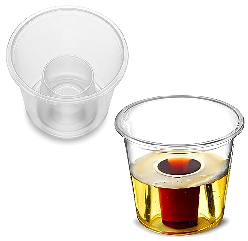 Reusable Clear Jager BOMB SHOT Cups 3oz/85ml | 25ml CE Marked Shot plus 60ml Chaser | Stackable Disposable Plastic Bomb Shot Glasses | Ideal for Cocktails Bars Pubs Clubs Parties (50)
