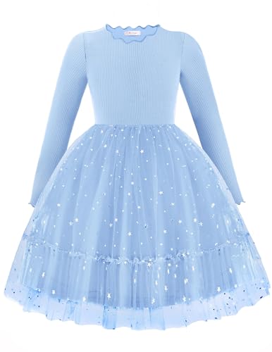 Arshiner Mädchen Kleider Tüll Glitzer Langarmkleid Kinder Faltenkragen A-Linie Partykleid Festliche Herbst Winter Freizeitkleid für Mädchen 2-7 Jahre