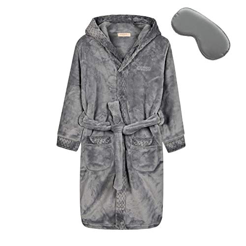 Mgeoy Kids Robe Soft Hooded Flannel Bathrobes For Girls Boys With Silk Eye Sleep Mask Gray 8-9 #TOP2
