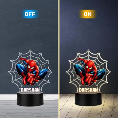 Image of Customized Spiderman LED Name Lamp | 3D Illusion Nightlight Superhero Themed Bedside Table Lamp for Children's Bedroom Gift for Boys & Marvel Fans | Warm White Light