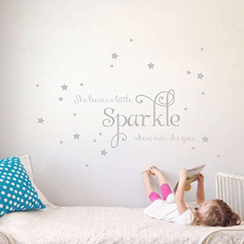 She Leaves A Little Sparkle Girls Room Vinyl Wall Decal Sticker Inspirational Quote With Stars (Silver, 26X65 Inches) #TOP1