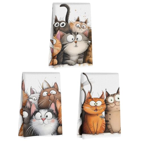 3 Pcs Cute Cat Kitchen Towels Cats Soft Absorbent Hand Tea Towel Microfiber Dish Cloths for Drying Dishes Waffle Dish Towels for Kitchen Home Bathroom Decor Cat Lover Gifts for Women Mom