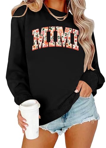 HQP Grandma Sweatshirt Women Floral Mimi Sweatshirt Grandma Wildflower Graphic Casual Fall Pullover Tops Black