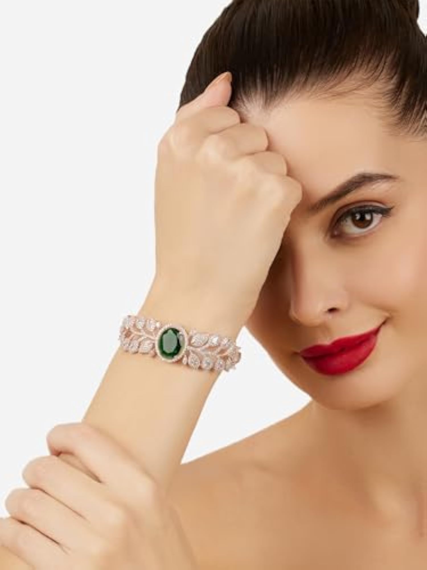 Women's Two Tone Brass Kada Bracelet with Green Stone