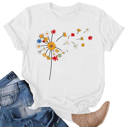 VVNTY Dandelion T Shirts for Women Cute Dandelion Print Graphic T-Shirt Summer Short Sleeve Round Neck Tee Tops (White1,M)