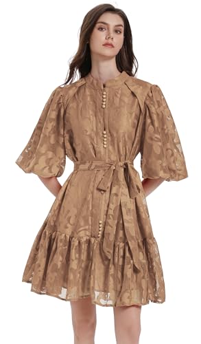 LAI MENG FIVE CATS Women's Lace Floral Puff Sleeve Ruffle Hem Stand Collar Button Loose Mini Dress