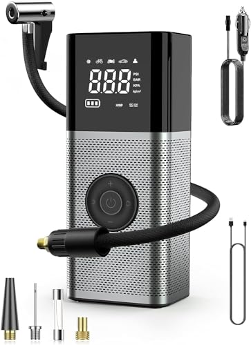 OneAmg Mini Compresor Aire Portatil 6000mAh Bateria USB Recargable Inflador Ruedas Coche 150PSI/10,3Bar/12V/120W con Iluminación LED de Emergencia y 5 Modos de Inflado para Moto Pelota Bicicleta