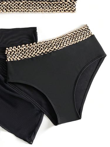 OYOANGLE Girl's 3 Piece Bikini Set Contrast Trim High Waist Swimsuit with Knot Side Beach Skirts Cover Up4