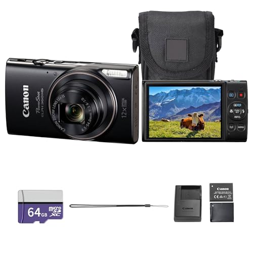 Canon PowerShot ELPH 360 HS A Digital Camera (Black) | 20.2MP CMOS Sensor, 12x Optical Zoom & Built-in Wi-Fi | Compact Point-and-Shoot for Travel & Everyday Photography (7280C001) + 64GB Card + Bag +