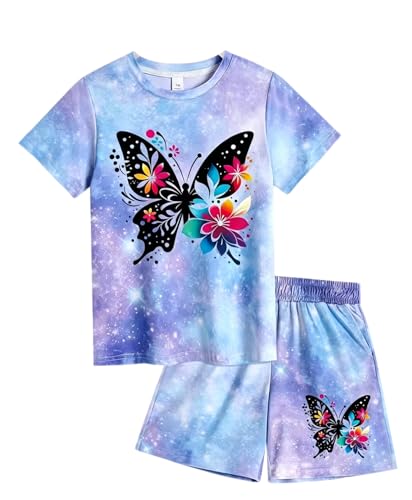 Image of 7-14Y Tween Girl Clothes 2 Piece Short Sleeve Tie Dye Heart Print Top and Shorts Teen Girl Summer Outfits Short Set