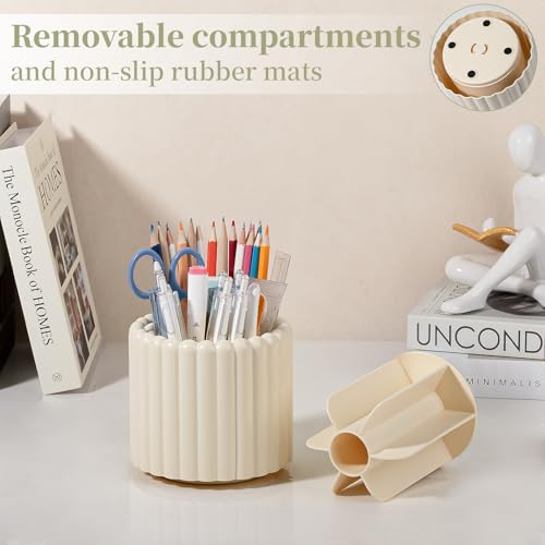 Image of Anyoifax 360 Rotating Pen Holder 7 Slots Desk Organizer Removable Pencil Cup Plastic Art Supplies and Accessories Desktop Storage Box Caddy for Office, School, Home (Beige)