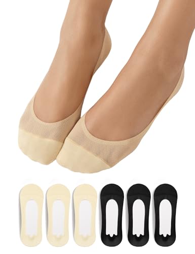 Tournesol Women's 6 Pairs No Show Socks Mesh Liner Ultra Low Cut Non Slip Black Nude Invisible Footies Socks for Loafer 5-7.5