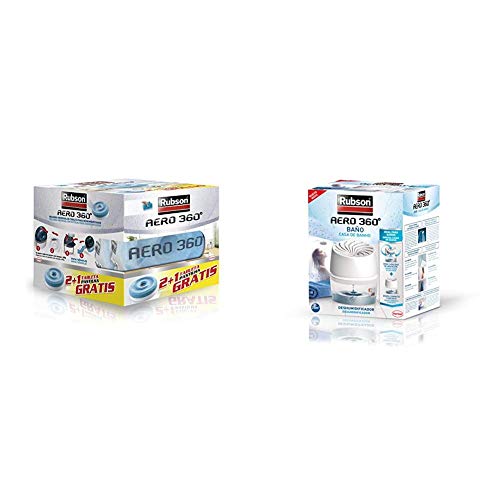 Rubson 2178378 Tabletas de Recambio, Set de 3 Piezas + Aero 360º Baños Deshumidificador Para El Baño, Color Blanco