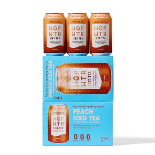 Image of HOPWTR Peach Iced Tea, Non Alcoholic Sparkling Tea with Adaptogens, Nootropics & Vitamin C, Zero Sugar Zero Calorie Functional Beverage, Gluten Free Hop Water Drink (12 Pack, 12oz Cans)